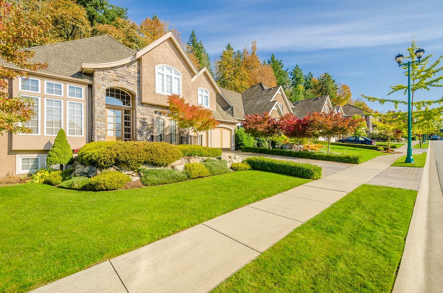 Front yard of house with healthy grass, bushes, plants, and trees with autumn colored leaves